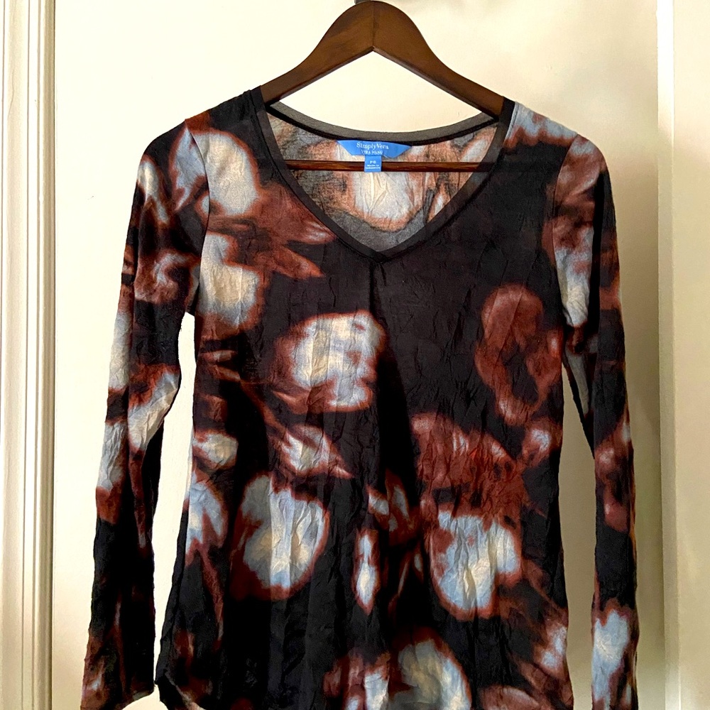 Vera Wang petite small shirt, black brown and white print.